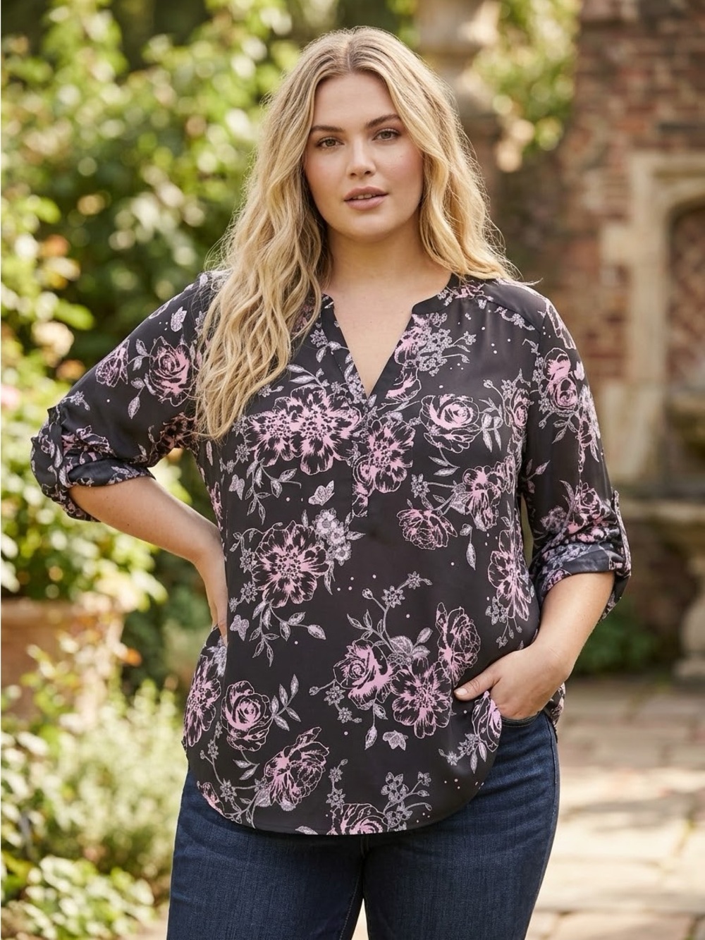TORRID Harper Georgette Black Pink Floral 3/4 Sleeve Blouse Plus Size 4X